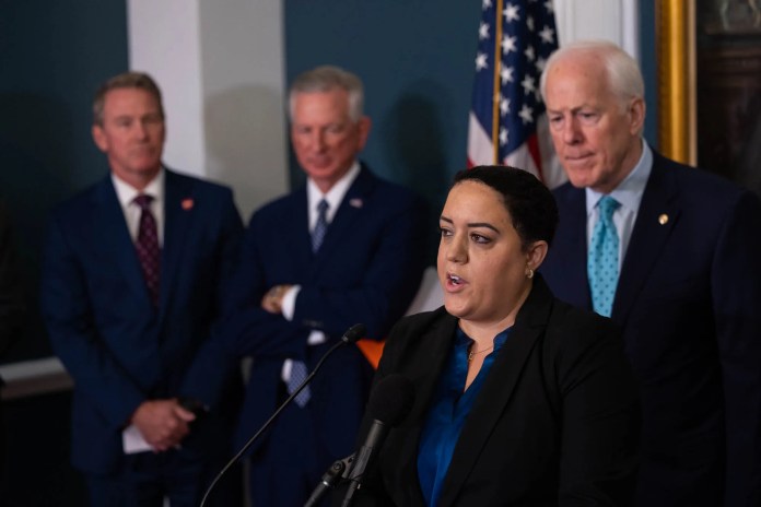 The Washington Examiner's Anna Giaritelli speaks at a press conference hosted by Sen. John Cornyn (R-TX) on crime in Washington, D.C.
