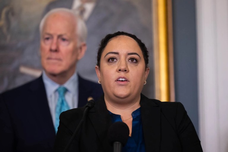 The Washington Examiner's Anna Giaritelli speaks at a press conference.