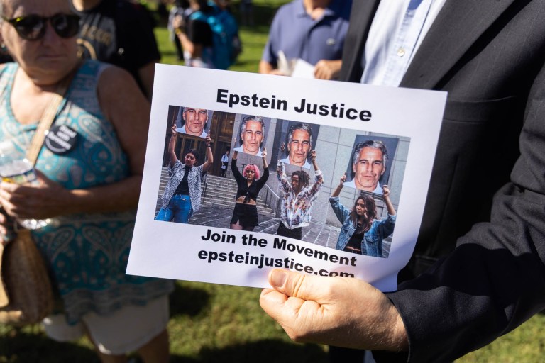 A sign at a press conference for a bill advocating the release of information related to Epstein.