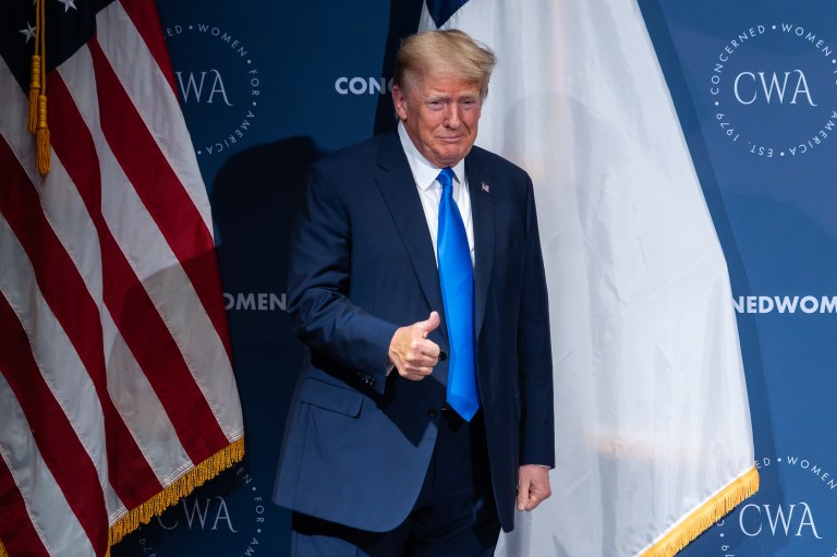 Former President Donald Trump arrives at the Concerned Women for America Legislative Action Committee Conference in Washington D.C., on Friday, September 15, 2023.