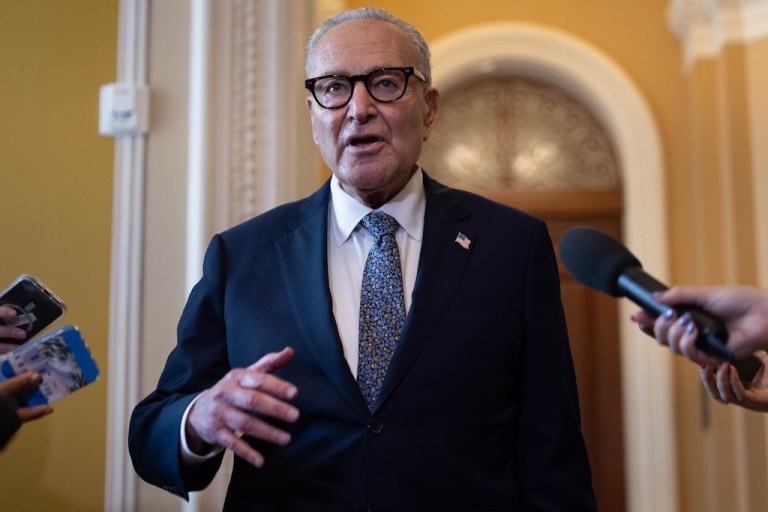 Senate Minority Leader Chuck Schumer (D-NY) talks to the press on Sept. 10, 2025.