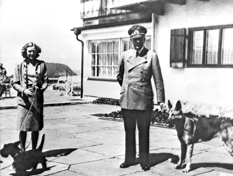 This undated file photo shows Adolf Hitler, right, and his mistress Eva Braun posing on the Terrace of the Berghof, in Berchtesgeden, Germany.