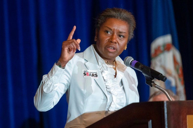 Virginia Republican Lt. Governor candidate Winsome Sears addresses the Virginia FREE Leadership Luncheon in McLean, Va., Wednesday, Sept. 1, 2021. (AP Photo/Cliff Owen)