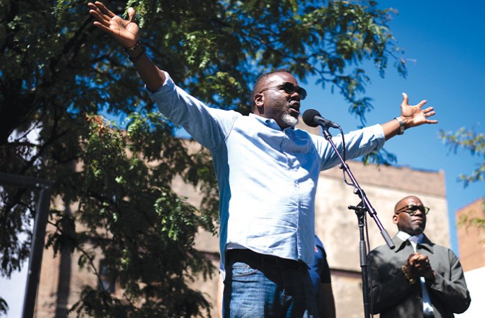 Chicago Mayor Brandon Johnson speaks participates in the Labor Day Workers Over Billionaires rally on Sept. 1 in Chicago. (Audrey Richardson/Getty Images)