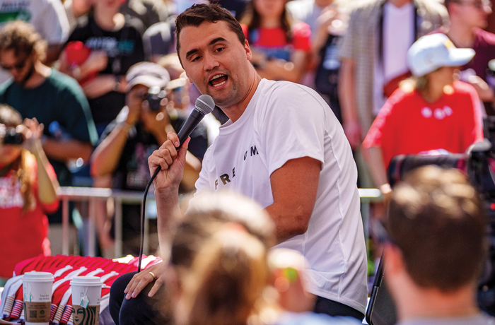 Turning Point USA founder Charlie Kirk speaks at Utah Valley University in Orem, Utah, on Sept. 10, just minutes before he was shot and killed. (Trent Nelson/The Salt Lake Tribune/Getty Images)