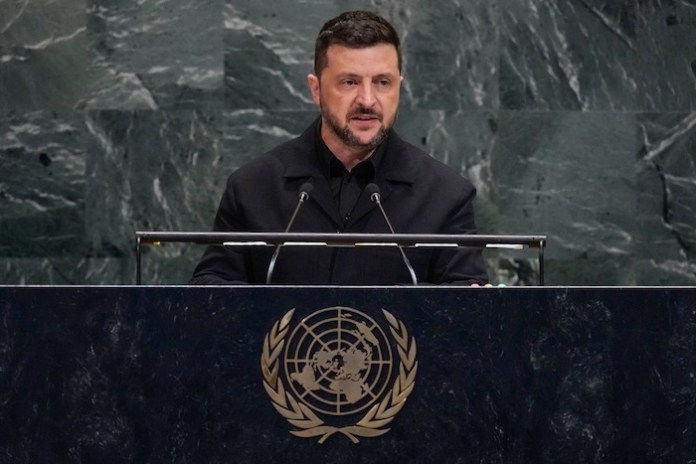 Ukrainian President Volodymyr Zelensky addresses the 80th session of the United Nations General Assembly.
