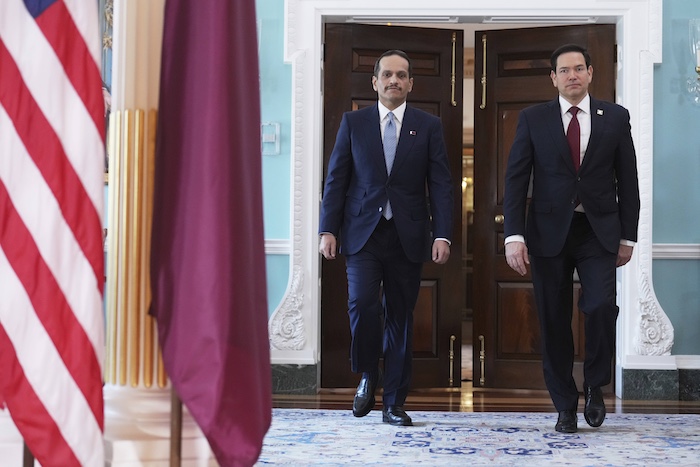 Secretary of State Marco Rubio meets with Qatar's Prime Minister and Foreign Minister Mohammed Bin Abdulrahman Al Thani, Tuesday, April 22, 2025, at the State Department in Washington.