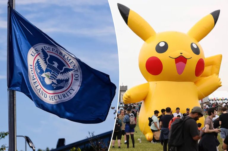 A DHS flag, left, and an inflatable Pikachu.