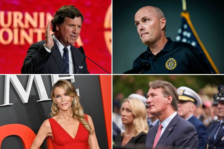 Commentator Tucker Carlson, upper left, Gov. Spencer Cox (R-UT), upper right, journalist Megyn Kelly, lower left, and Gov. Glenn Youngkin (R-VA), lower right. (AP Photo/John Locher, Tess Crowley/The Deseret News via AP, Evan Agostini/Invision/AP, and AP Photo/Evan Vucci)