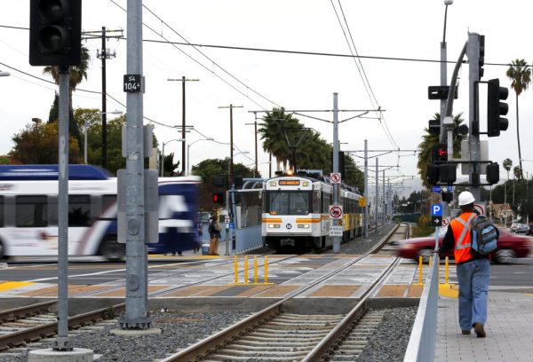 An MTA Expo Line train at the Expo/Crenshaw station, at Exposition and Crenshaw Booulevards, in Los Angeles' Crenshaw district Tuesday, Jan. 21, 2014.