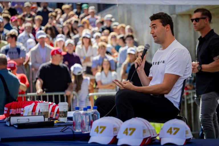 Charlie Kirk speaks before he is shot during Turning Point's visit to Utah Valley University in Orem, Utah, Wednesday, Sept. 10, 2025.