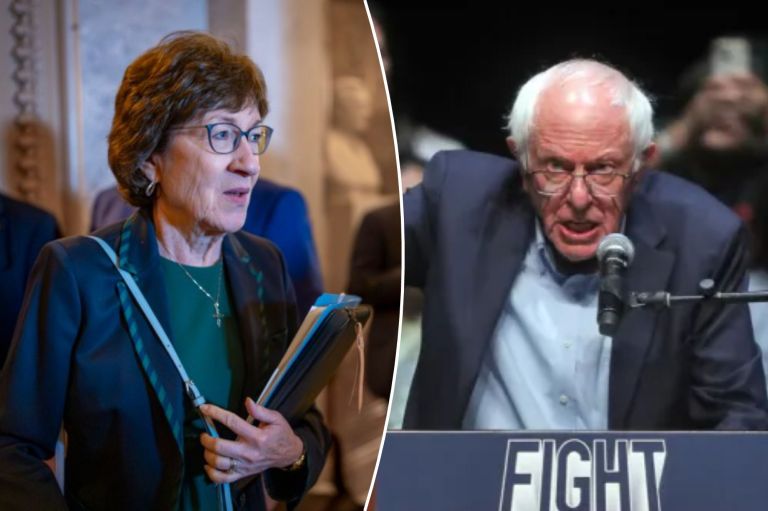 Sen. Susan Collins (D-ME) pictured in a collage next to Sen. Bernie Sanders (I-VT).