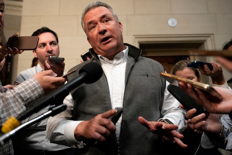 Rep. Don Bacon, R-Neb., speaks to reporters as Republicans meet to decide who to nominate to be the new House speaker, on Capitol Hill in Washington, Monday, Oct. 23, 2023.