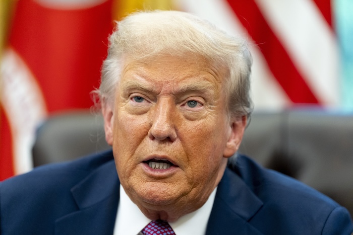 President Donald Trump speaks in the Oval Office.
