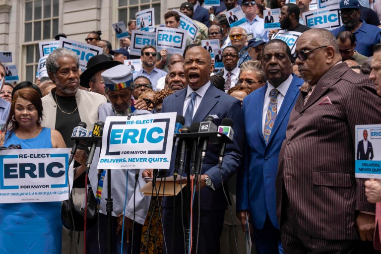 New York Mayor Eric Adams speaks during a campaign launch rally at City Hall.