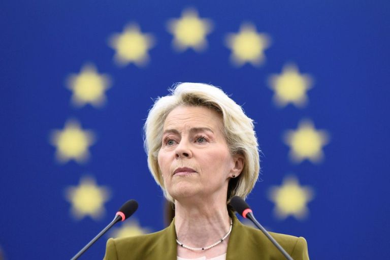 European Commission President Ursula von der Leyen delivers a major state of the union speech at the European Parliament in Strasbourg, eastern France, Wednesday, Sept. 10, 2025. (AP Photo/Pascal Bastien)
