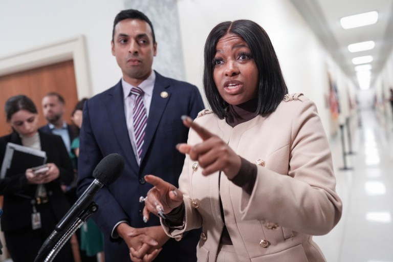 House Oversight Committee Democratic members Suhas Subramanyam (D-VA), left, and Rep. Jasmine Crockett (D-TX) take questions from reporters about a deposition with former Attorney General Bill Barr, at the Capitol in Washington, Monday, August 18, 2025.