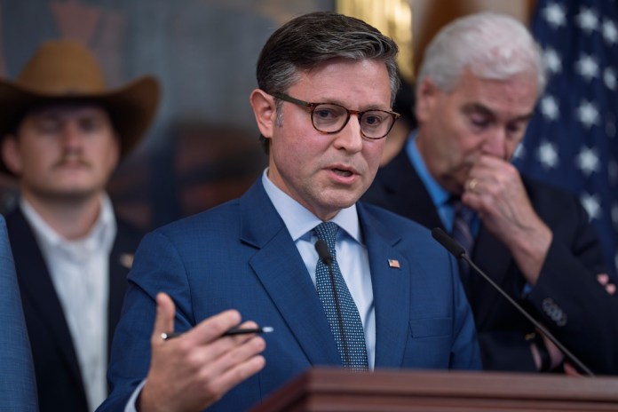 Speaker of the House Mike Johnson (R-LA) talks about the killing of conservative activist Charlie Kirk at the Capitol in Washington, Tuesday, Sept. 16, 2025. 