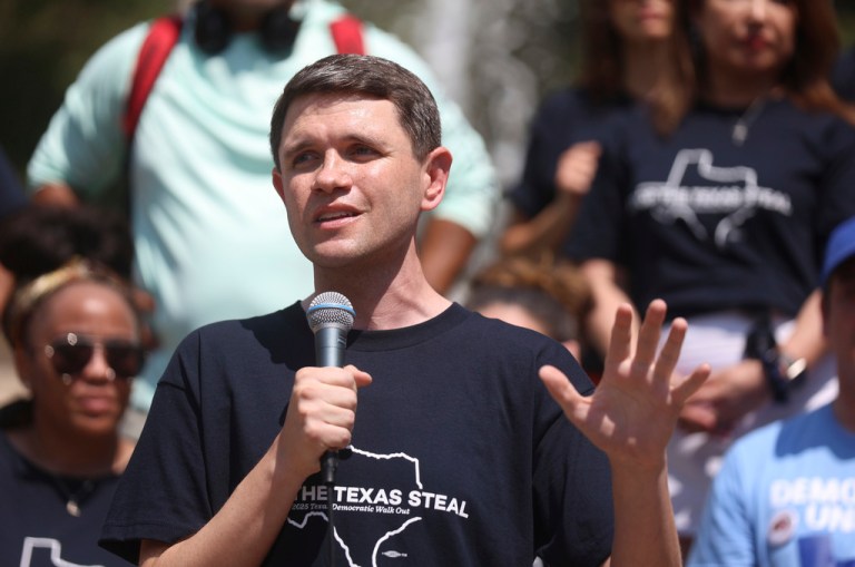 Texas state Rep. James Talarico speaks at a rally.
