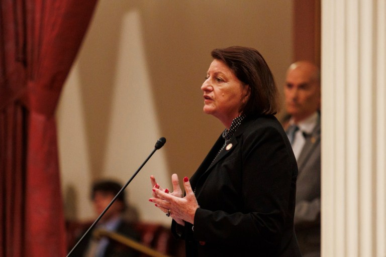 State Senate President pro tempore emeritus Toni Atkins speaks on the floor during a meeting of the California legislature, on Monday, Aug. 5, 2024, in Sacramento, Calif.