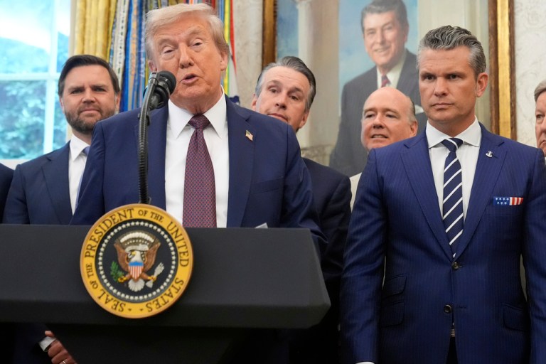 President Donald Trump speaks about the relocation of U.S. Space Command headquarters from Colorado to Alabama in the Oval Office of the White House, Tuesday, Sept. 2, 2025, in Washington, as Vice President JD Vance and Defense Secretary Pete Hegseth listen.