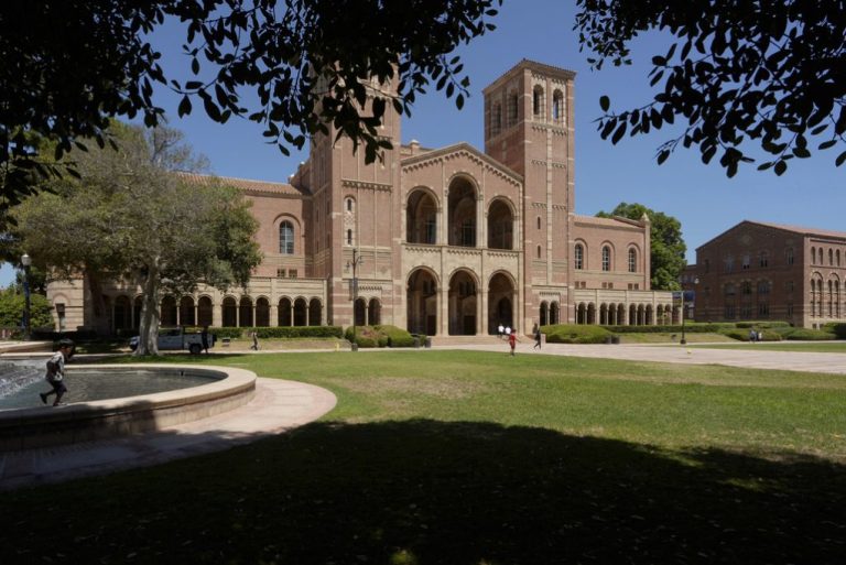 Children play outside Royce Hall at the University of California.