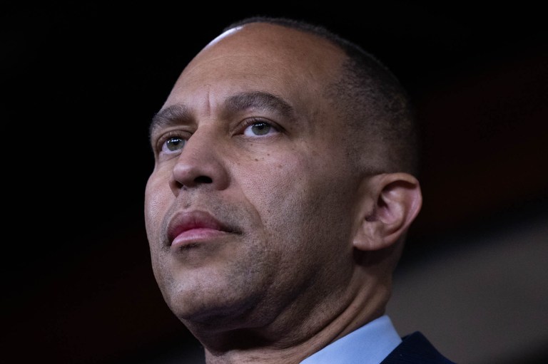 House Minority Leader Hakeem Jeffries (D-NY) looks on at a press conference.