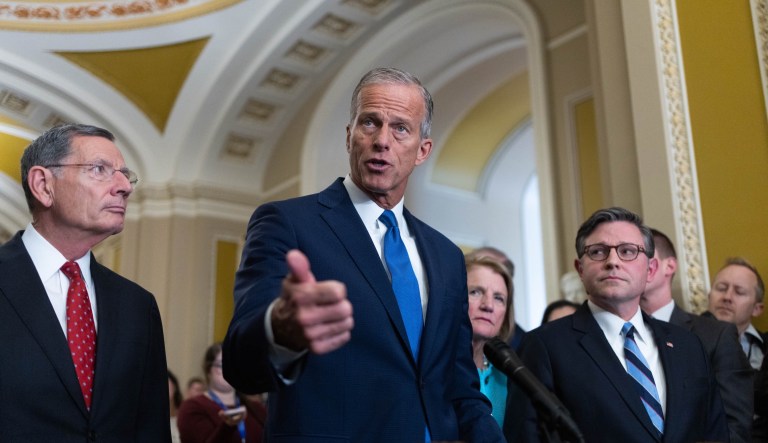 Senate Majority Leader John Thune (R-SD) speaks at a press conference on Tuesday, Oct. 7, 2025, in Washington, D.C.