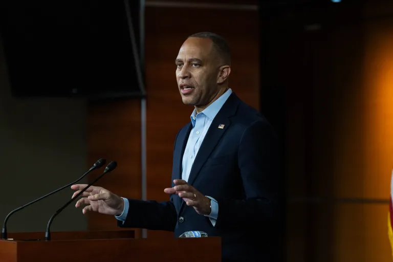 House Minority Leader Hakeem Jeffries (D-NY) speaks to reporters during a press conference on Capitol Hill on Oct. 15, 2025. (Graeme Jennings/Washington Examiner)