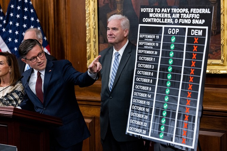 Speaker of the House Mike Johnson (R-LA) holds a news conference on the 29th day of the federal government shutdown at the U.S. Capitol on October 29, 2025 in Washington, DC. While keeping the House of Representatives out of session and away from Washington, Republican leaders blamed Democratic lawmakers for the continued federal government shutdown. (Graeme Jennings / Washington Examiner)