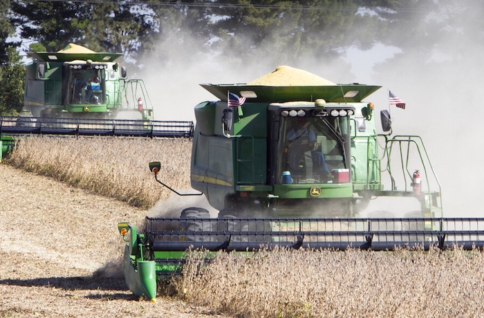 Soy beans are harvested near Plattsmouth, Neb., Wednesday, Oct. 6, 2010. The U.S. Department of Agriculture says nearly a third of the state's soybean crop has been harvested, ahead of the 29 percent average by this time of the year. The lack of rainfall last week let Nebraska farmers get ahead on the season's harvest.
