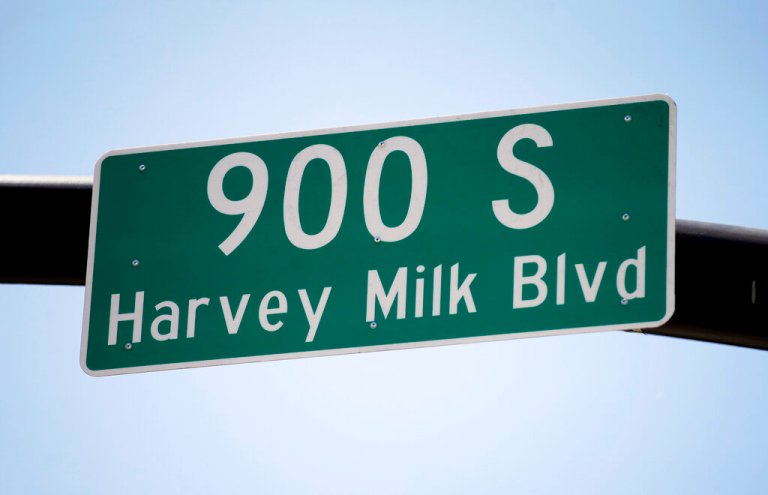 A sign for Harvey Milk Boulevard on 900 South in Salt Lake City, Utah, sits above the road.