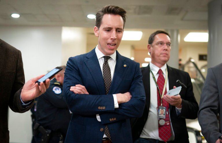 Sen. Josh Hawley (R-MO) speaks with reporters.