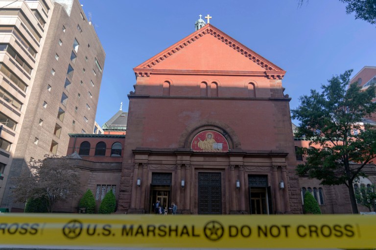 St. Matthew's Cathedral is seen behind a yellow tape during the celebration of the Red Mass where U.S. Supreme Court and government officials attend, in Washington, on Sunday, Oct. 1, 2023. The Supreme Court's new term starts Monday, Oct. 2.