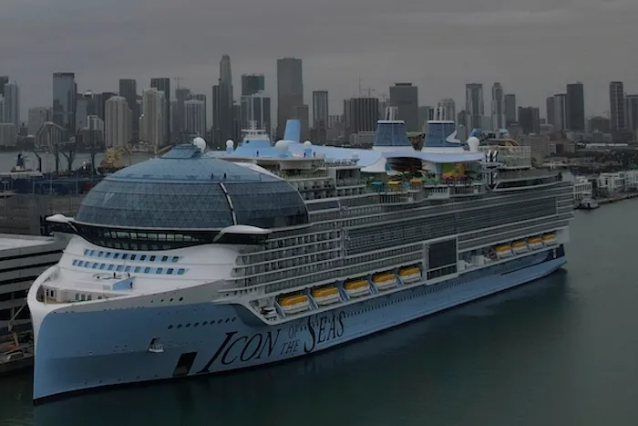 FILE - The Icon of the Seas, the world's largest cruise ship, sits docked after arriving to its home port in Miami, Wednesday, Jan. 10, 2024. Royal Caribbean’s Icon of the Seas is leaving South Florida on Saturday, Jan. 27, for its first seven-day island-hopping voyage through the tropics. (AP Photo/Rebecca Blackwell, File)