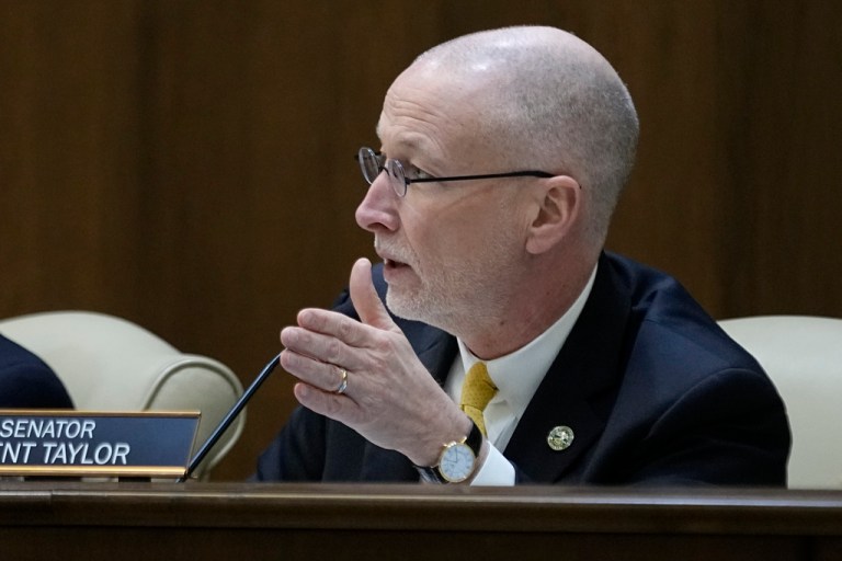Sen. Brent Taylor, R-Memphis, asks a question during a meeting of the Senate Judiciary Committee, Tuesday, Feb. 20, 2024, in Nashville, Tenn.