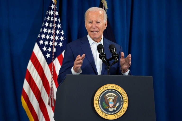President Joe Biden speaks, Saturday, July 13, 2024, in Rehoboth Beach, Del., addressing news that gunshots rang out at Republican presidential candidate former President Donald Trump's Pennsylvania campaign rally. (AP Photo/Manuel Balce Ceneta)