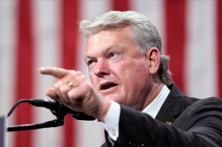 Rep. Mike Collins, R-Ga., speaks Republican presidential nominee former President Donald Trump at a campaign event at the Cobb Energy Performing Arts Centre, Tuesday, Oct. 15, 2024, in Atlanta. (AP Photo/Alex Brandon)