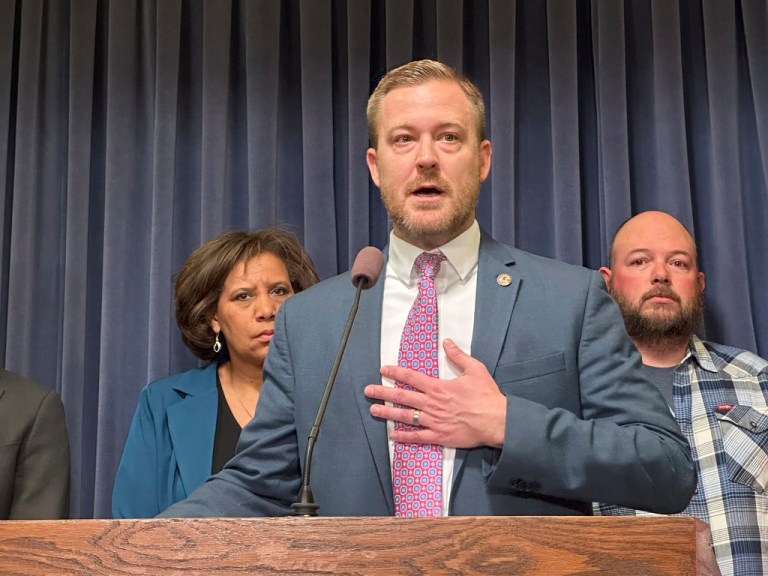 Rep. C.D. Davidsmeyer, R-Jacksonville, discusses legislation he's sponsored that would require the expulsion from school of a student who committed sexual assault, at the state Capitol in Springfield, Illinois, Wednesday, Jan. 29, 2025.
