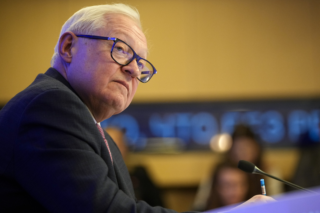 Russian Deputy Foreign Minister Sergei Ryabkov speaks to the media.