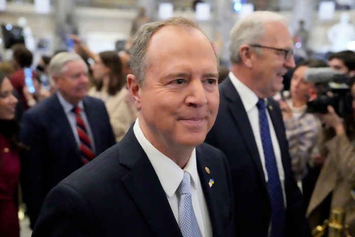 Sen. Adam Schiff (D-CA) smirks on Capitol Hill.