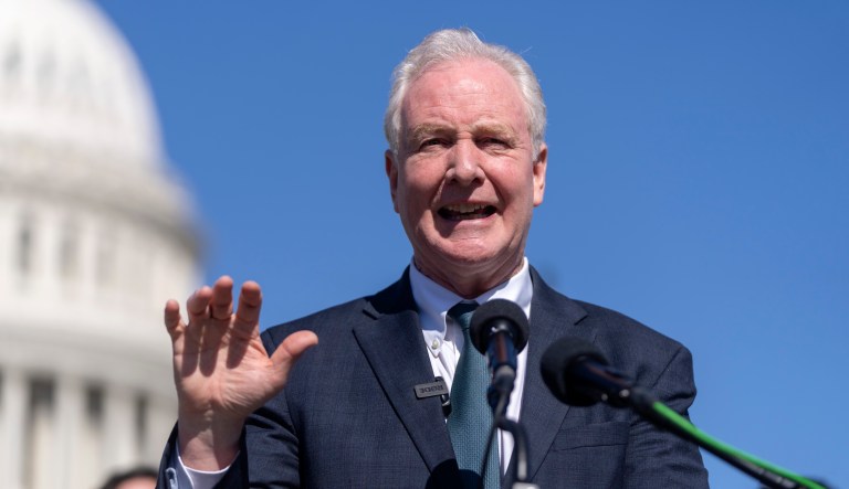 Sen. Chris Van Hollen, D-Md., speaks at a news conference about the Protect Our Probationary Employees Act on Capitol Hill, Tuesday, March 11, 2025, in Washington.