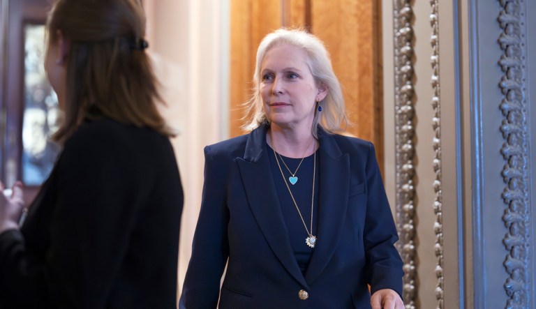 Sen. Kirsten Gillibrand, D-N.Y., leaves the Senate chamber after voting on a government funding bill ahead of the midnight deadline, at the Capitol in Washington, Friday, March 14, 2025.