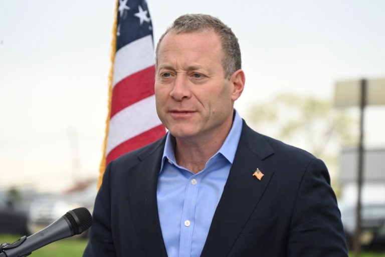 .S. Congressman and Democratic gubernatorial candidate, Josh Gottheimer, speaks at a news conference outside the New Jersey State Department of Taxation in Fair Lawn, New Jersey, United States, on April 15, 2025. (Photo by Kyle Mazza/NurPhoto via AP)
