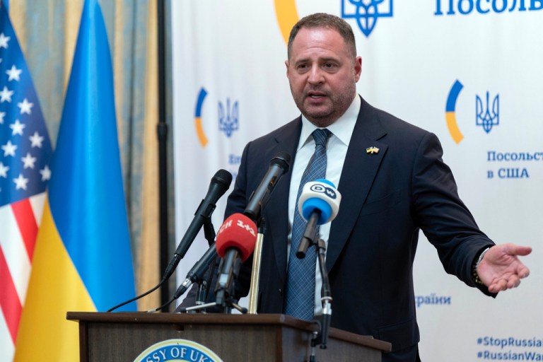 Andriy Yermak, head of the Office of the President of Ukraine, speaks during a news conference.