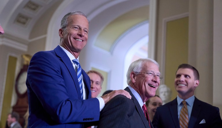 Senate Majority Leader John Thune, R-S.D., left, jokes with Sen. Roger Wicker, R-Miss., chairman of the Senate Armed Services Committee, as they meet with reporters at the Capitol in Washington, Tuesday, June 10, 2025.