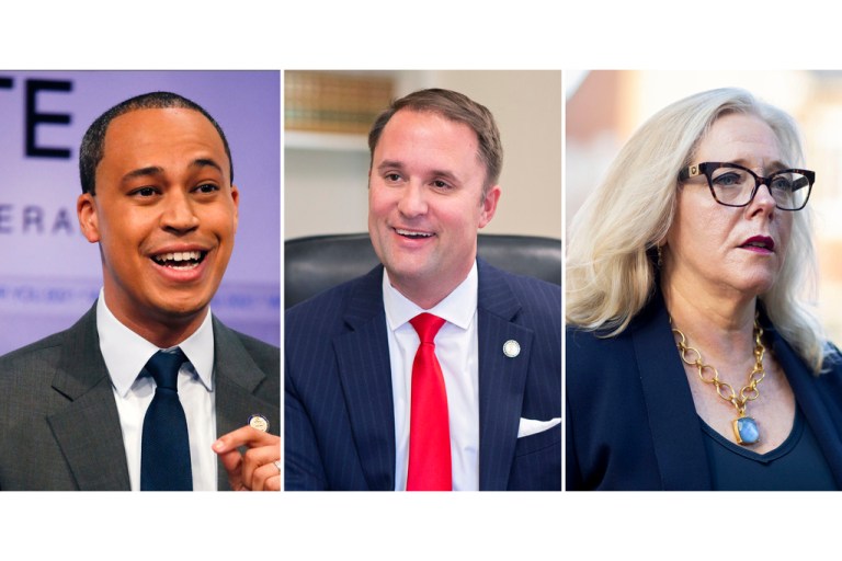Del. Jay Jones, D-Norfolk, gives remarks during the Virginia Democratic Attorney General debate, May 15, 2021 in Richmond, Va., Virginia Attorney General Jason Miyares speaks during an interview at the Office of the Attorney General in Richmond, Va., May 9, 2023 and Henrico Commonwealth's Attorney Shannon Taylor arrives at the Albemarle County Circuit Court in Charlottesville, Va., June 4, 2024. (Shaban Athuman, Ryan M. Kelly/Richmond Times-Dispatch/AP)