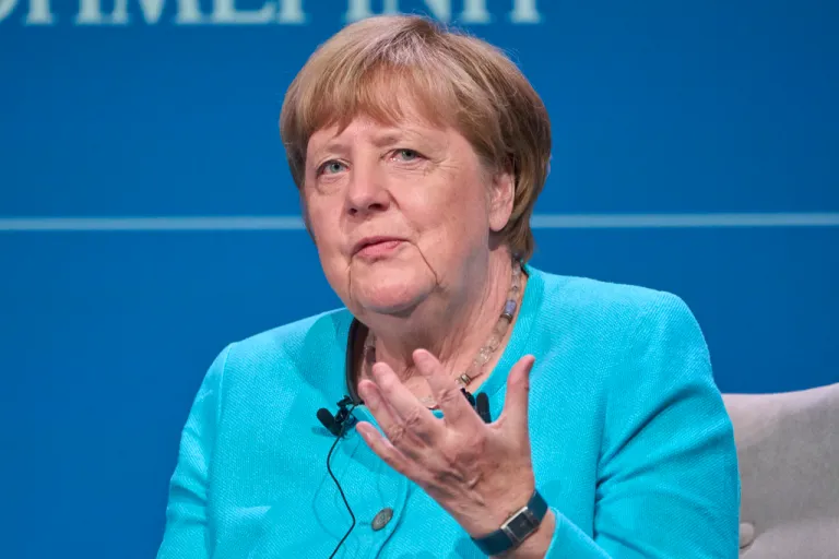 Former German Chancellor Angela Merkel speaks during the presentation of her book, 