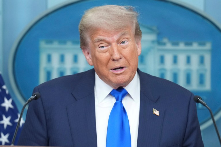 President Donald Trump speaks to media at The White House on June 27, 2025.