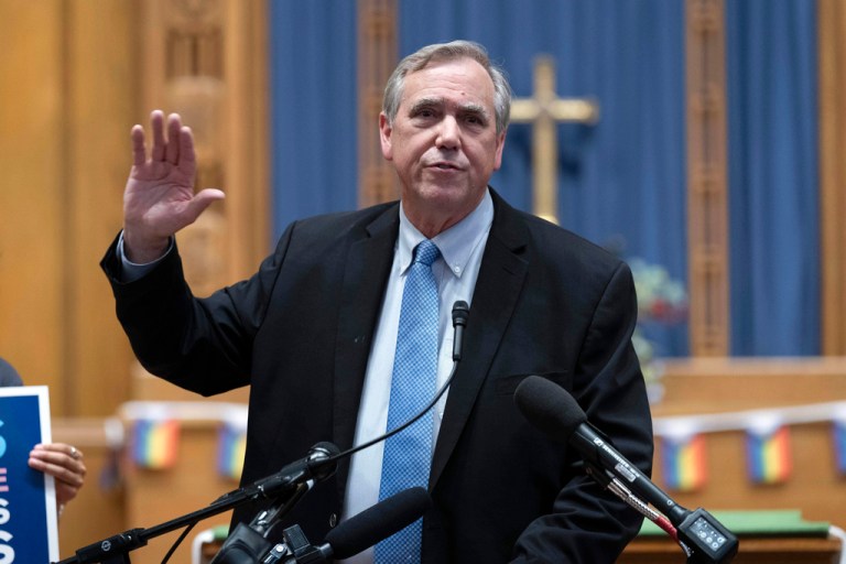 Sen. Jeff Merkley, D-Ore., speaks during a transgender rights rally at the Lutheran Church of the Reformation on Capitol Hill, Wednesday, June 18, 2025, in Washington.
